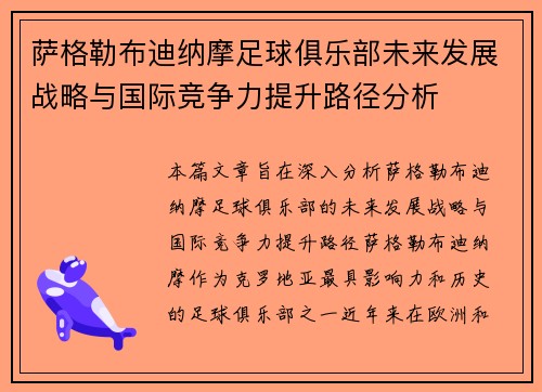 萨格勒布迪纳摩足球俱乐部未来发展战略与国际竞争力提升路径分析