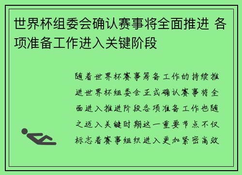 世界杯组委会确认赛事将全面推进 各项准备工作进入关键阶段