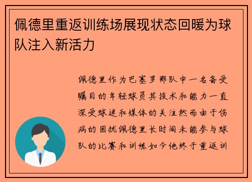 佩德里重返训练场展现状态回暖为球队注入新活力