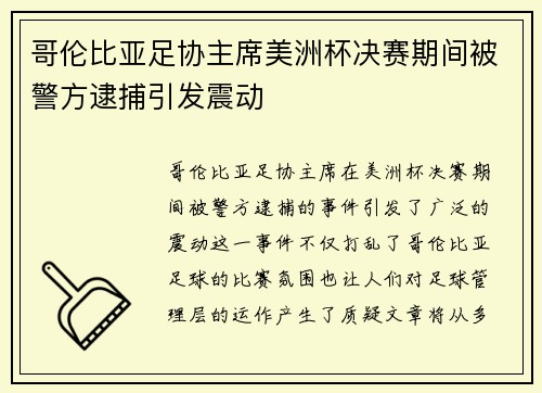 哥伦比亚足协主席美洲杯决赛期间被警方逮捕引发震动